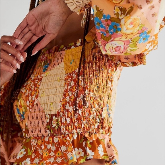 Spell x Free People Freda Shirred XS Yellow Organic Cotton Patchwork Smocked Top - Picture 9 of 16